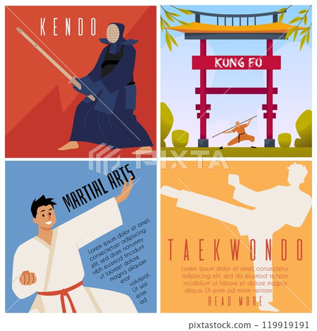 Asian martial art vector posters set, Japanese Karate and Kendo fighter, Chinese Kung fu and taekwondo wrestler outdoors 119919191