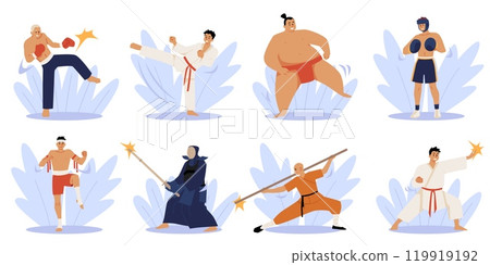 A collection of vector illustrations of martial arts, including sumo, kickboxing, karate and others 119919192