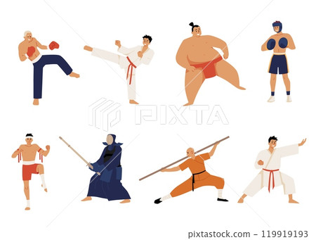 An extensive set of martial arts vectors on a white background, from karate to sumo 119919193