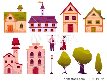 Vector collection of medieval houses: stone cottages with classic windows, towers, trees and townspeople Vector collection of medieval houses: stone cottages with classic windows, towers, trees and townspeople 119919194