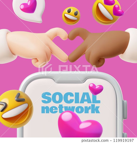 3d illustration of poster with hands with different skin showing heart, mobile phone and emoji. 119919197