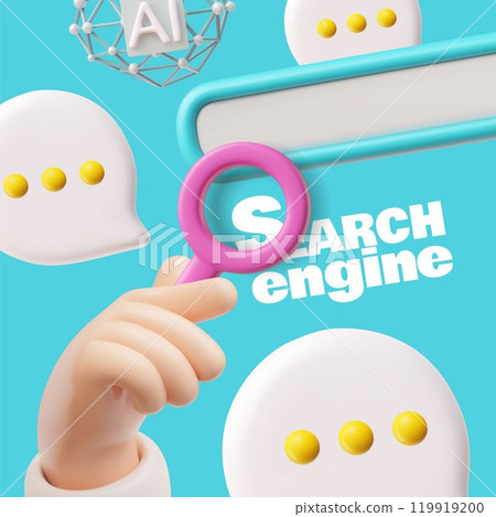 A 3D of search engine with a magnifying glass in hand above a pop-up message. 119919200