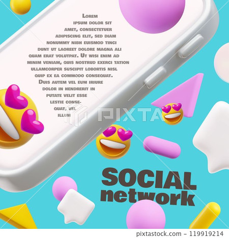 Online social network 3D cartoon plastic style vector banner, smiley emoji, speech bubble, smartphone screen with text Online social network 3D cartoon plastic style vector banner, smiley emoji, speech bubble, smartphone screen with text 119919214