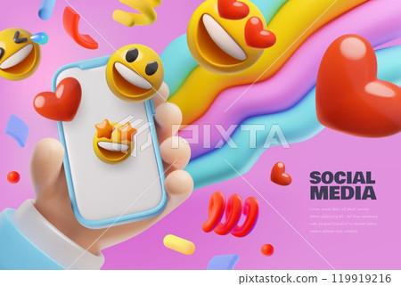 3D illustration of a poster where a hand holds a mobile phone with emoji on a bright background. 119919216