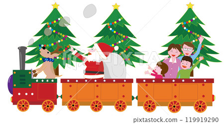 Santa Claus and his reindeer deliver gifts on a steam locomotive on Christmas Day. 119919290