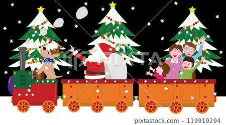 Santa Claus and his reindeer deliver gifts on a steam locomotive on Christmas Day. 119919294