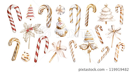 Set of isolated cute candy canes in vivid hand painted watercolor painting on a transparent background for ornamental Christmas and New Year party decoration elements. Gold color tone. AI generated. Set of isolated cute candy canes in vivid hand painted watercolor painting on a transparent background for ornamental Christmas and New Year party decoration elements. Gold color tone. AI generated. 119919482