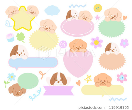 Puppy, cupcake, flower, heart, clover leaf for name tag, text bubble, cartoon character, comic, mascot, text, message, dialogue, chatting, sticker, pet shop, vet, adopt and rescue animals, dog lover 119919505