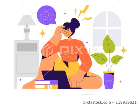 Migraine Vector Illustration of People Suffering from Headaches, Stress, Multitasking, and Migraines in a Healthcare Flat Style Cartoon Background 119919621