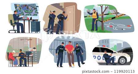 Collection Scenes Illustrating Police Work, Including Surveillance, Investigation, Crime Scene Management, Interrogation Collection Scenes Illustrating Police Work, Including Surveillance, Investigation, Crime Scene Management, Interrogation 119920113