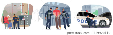 Police Officers In Various Law Enforcement Scenarios, Including Assisting A Civilian, Escorting A Handcuffed Suspect Police Officers In Various Law Enforcement Scenarios, Including Assisting A Civilian, Escorting A Handcuffed Suspect 119920119