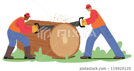Two Workers Use Large Handsaw To Cut Through A Log, Demonstrating Teamwork And Traditional Woodcutting Techniques Two Workers Use Large Handsaw To Cut Through A Log, Demonstrating Teamwork And Traditional Woodcutting Techniques 119920120