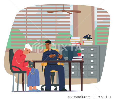 Police Officer Listens To Elderly Woman Filing A Report At The Station. She Appears Upset, Possibly Discussing A Theft 119920124