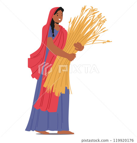Indian Woman In Traditional Attire Holds A Bundle Of Harvested Wheat Stalks, Representing Agricultural Labor 119920176