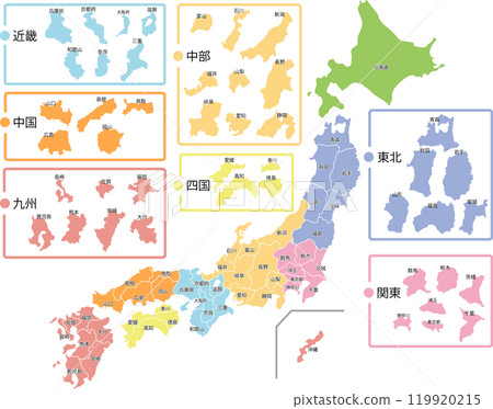 日本地圖以都道府縣拼圖風格顯示 119920215