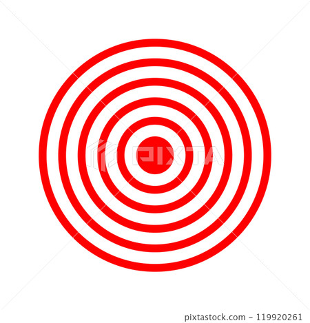 Red concentric circles. Pain localization icon. Sore or inflammation symbol. Coverage or vibration sign. Shockwave, radar or sound signal pictogram isolated on white background. Vector illustration Red concentric circles. Pain localization icon. Sore or inflammation symbol. Coverage or vibration sign. Shockwave, radar or sound signal pictogram isolated on white background. Vector illustration 119920261