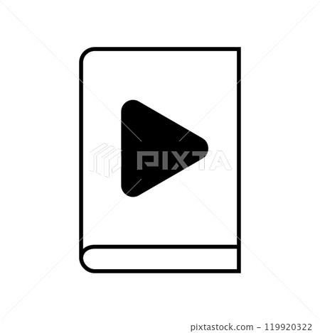 Audiobook icon. Book cover with play pictogram isolated on white background. Audio reading, ebook or podcast listening concept. Vector graphic illustration 119920322