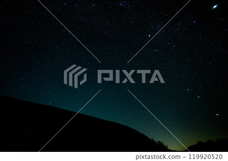 Starry sky and mountain trail night view - A silent starry sky and mountain ridge scenery 119920520
