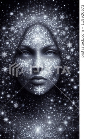 A stunning winter portrait, where a woman's face is composed of intricate snowflakes, each reflecting a facet of her unique personality. 119920672