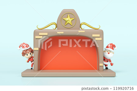 3d santa claus and santa girl standing next to fireplace with copy space isolated on blue background. merry christmas and festive new year concept, 3d illustration render 3d santa claus and santa girl standing next to fireplace with copy space isolated on blue background. merry christmas and festive new year concept, 3d illustration render 119920716
