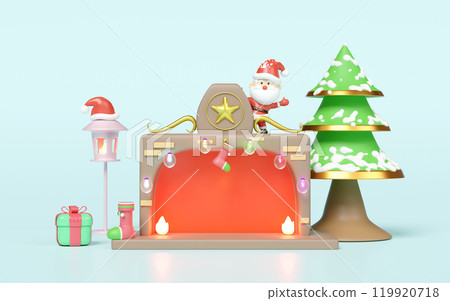 3d santa claus standing on fireplace with copy space, lantern, christmas tree, lamp, gift box, socks isolated on blue background. merry christmas and festive new year concept, 3d illustration render 3d santa claus standing on fireplace with copy space, lantern, christmas tree, lamp, gift box, socks isolated on blue background. merry christmas and festive new year concept, 3d illustration render 119920718