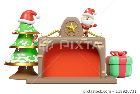3d santa claus standing on fireplace with copy space, christmas tree, lamp, gift box isolated. merry christmas and festive new year concept, 3d illustration render 3d santa claus standing on fireplace with copy space, christmas tree, lamp, gift box isolated. merry christmas and festive new year concept, 3d illustration render 119920731