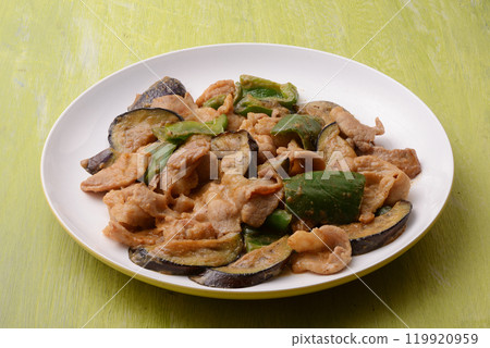 Stir-fried eggplant, green pepper and pork with miso Stir-fried eggplant, green pepper and pork with miso 119920959
