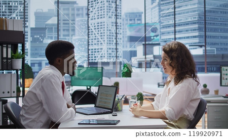 African american interviewer discussing with job offer candidate about company objectives and needs, reviewing her work experience and career achievements based on CV. HR recruiting. Camera B. 119920971