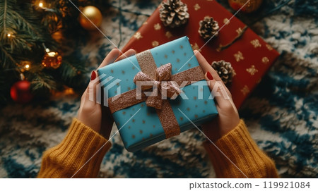 High-Quality Flat Lay of Hands Holding Gift Box 119921084