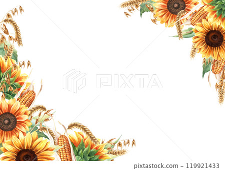 Watercolor rectangular frame with yellow sunflowers, oat branches, ears of wheat, cereal and corncobs, maize. Hand drawn illustration isolated on white. For greeting card invitation clip art sticker Watercolor rectangular frame with yellow sunflowers, oat branches, ears of wheat, cereal and corncobs, maize. Hand drawn illustration isolated on white. For greeting card invitation clip art sticker 119921433