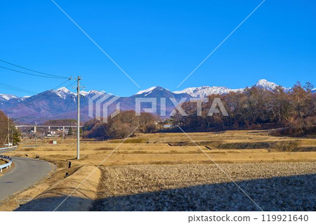 冬季從長野縣茅野市樽姬大橋附近眺望八嶽山脈 119921640