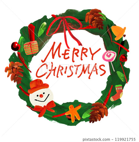 Christmas wreath, MERRY CHRIS presents, pine cones, ribbons, socks, snowmen, hand drawn Christmas wreath, MERRY CHRIS presents, pine cones, ribbons, socks, snowmen, hand drawn 119921755