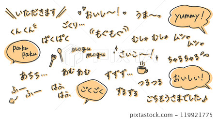 Handwritten illustration of eating onomatopoeia and sound effects Gourmet design decoration Outline and line width can be edited Handwritten illustration of eating onomatopoeia and sound effects Gourmet design decoration Outline and line width can be edited 119921775