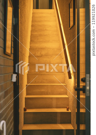 A stylish staircase in a multi-tenant building 119921826