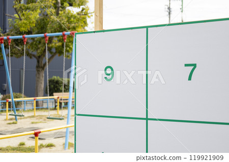 An election poster board set up next to a park An election poster board set up next to a park 119921909