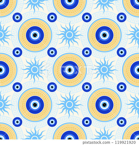 Evil eye seamless pattern. Greek and Turkish blue magic bead. Vector background with nazar - symbol of protection and luck. Mystic and spiritual talisman wallpaper. Arabic ornament 119921920