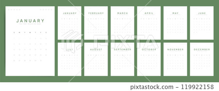 2025 Calendar, Vector Calender Template, 12 Month Planner with Sunday Start for 2025. Green Office and Home Design. 2025 Calendar, Vector Calender Template, 12 Month Planner with Sunday Start for 2025. Green Office and Home Design. 119922158
