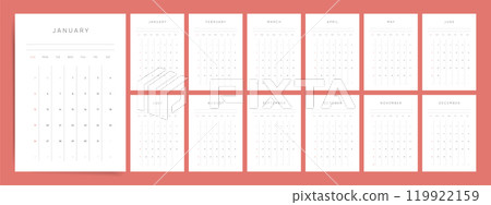 2025 Calendar template design. Week starts on Sunday office calendar. A4 vertical planner in simple modern style. Black and white calendar 2025. English vector 2025 calendar layout. 119922159