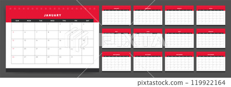 Calendar template for 2025 year. Week starts on Sunday. Wall 2025 calendar in clean minimal style. Corporate or business calendar. English vector Calendar monthly pages red layout. 119922164
