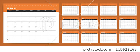Calendar template for 2025 year. Week starts on Sunday. Wall 2025 planner in clean minimal style and notes section. Corporate or business 2025 calender. 119922165