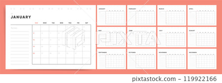 Calendar template for 2025 year. Week starts on Sunday. Wall 2025 calendar in clean minimalist style and notes section. Corporate or business planner.  119922166