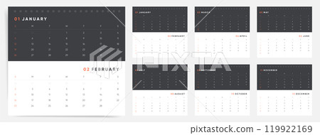 Minimalist 2025 calendar layout, monthly design with black and white theme, 2 months on one page 2025 calendar, clean vector template 119922169