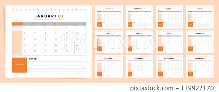 2025 Calendar, Vector Calender Template, 12 Month Planner with Sunday Start for 2025. Orange Office and Home Design. 2025 Calendar, Vector Calender Template, 12 Month Planner with Sunday Start for 2025. Orange Office and Home Design. 119922170