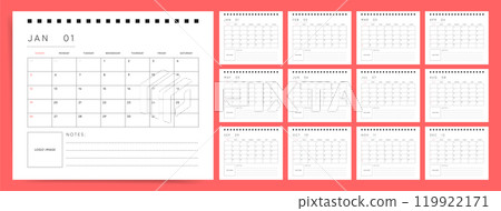 Calendar 2025, Printable 12 Month Calendar Template  Year 2025 with Sunday Start, Editable Vector Minimalist Design.  119922171