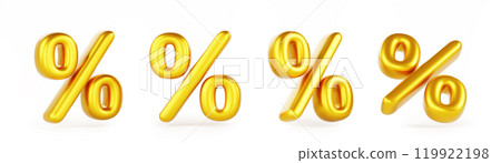 3d set of gold percent sign front and side angle view. Golden percentage render icon, discount, bonus, offer and sale symbol. Realistic font for web design, isolated design elements. 3D illustration 119922198