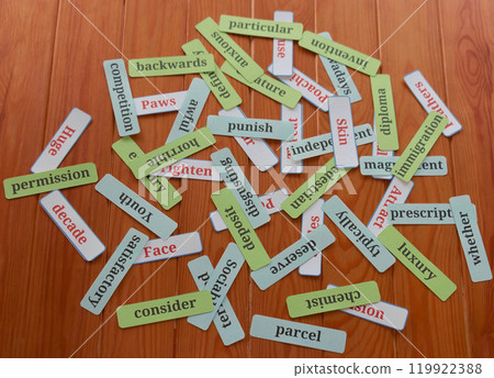 pile of word cards on table pile of word cards on table 119922388