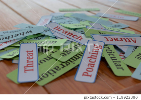 pile of word cards on table pile of word cards on table 119922390