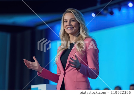 A woman stands in a grocery store aisle, carefully comparing products on the shelves. The process of informed decision-making while shopping. Generative AI. 119922396