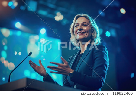 A woman stands in a grocery store aisle, carefully comparing products on the shelves. The process of informed decision-making while shopping. Generative AI. 119922400