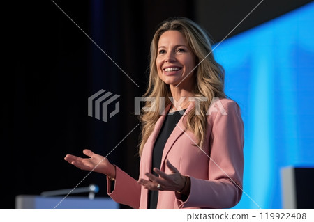 A woman stands in a grocery store aisle, carefully comparing products on the shelves. The process of informed decision-making while shopping. Generative AI. 119922408